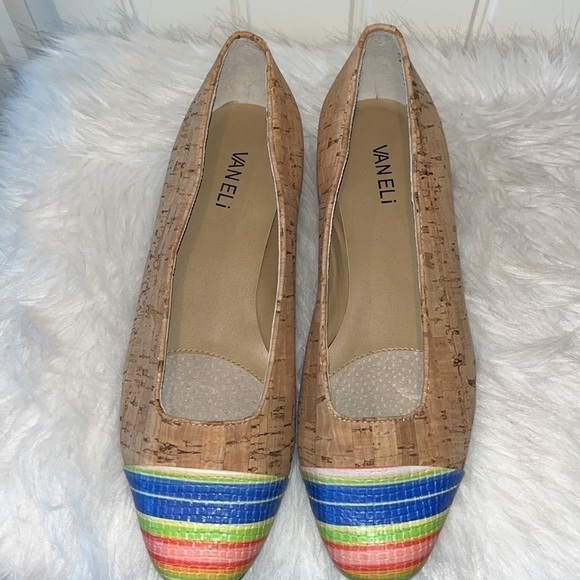 VANELI Natural Cork & Multi Color Captoe Rainbow Stripe Flat size 9 Italy - Picture 5 of 17